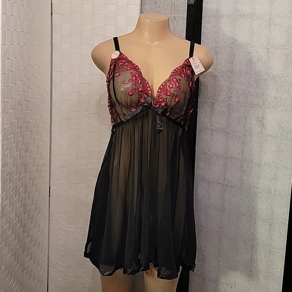 BRAND NEW SPREE INTIMATES BABYDOLL LINGERIE WOMEN WIDE STRAP HALTER NIG…